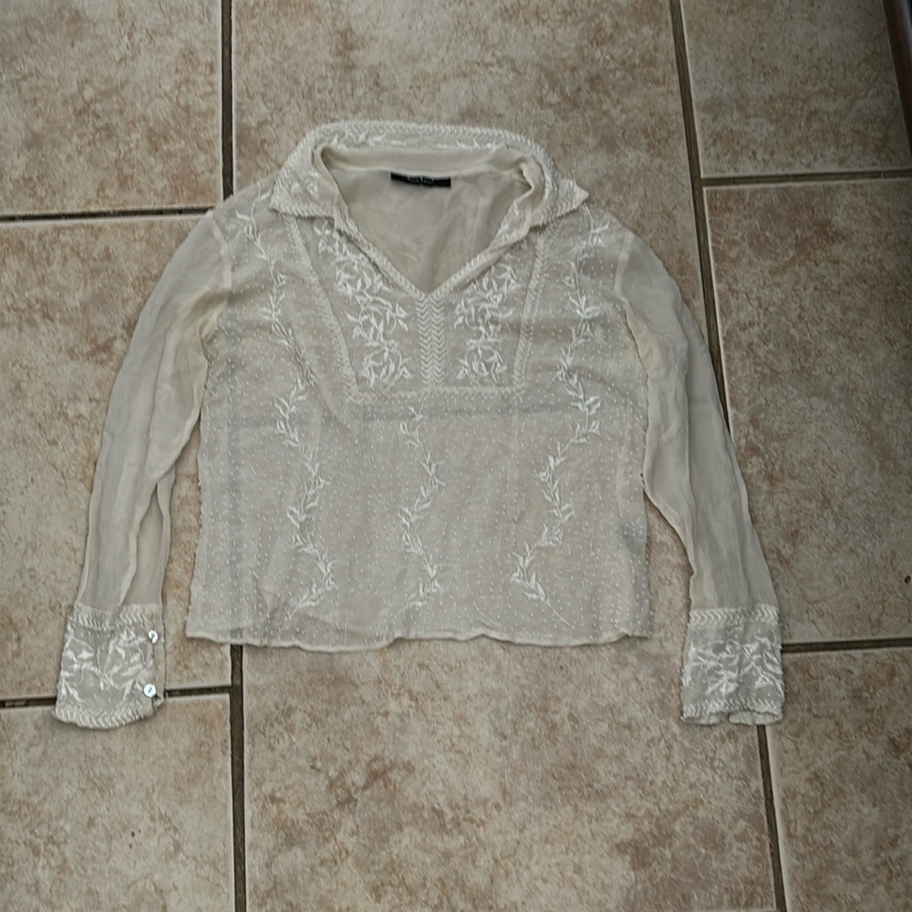 E C I New York Silk Sheer Beaded Embroidered Pull Over